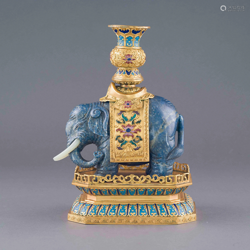 LAPIS LAZULI ELEPHANT EFIGY & GILT BRONZE CLOIS…