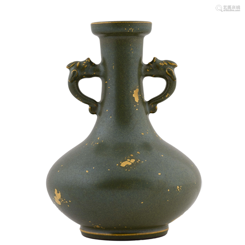 GILT & TEA DUST GLAZED AMPHORA VASE