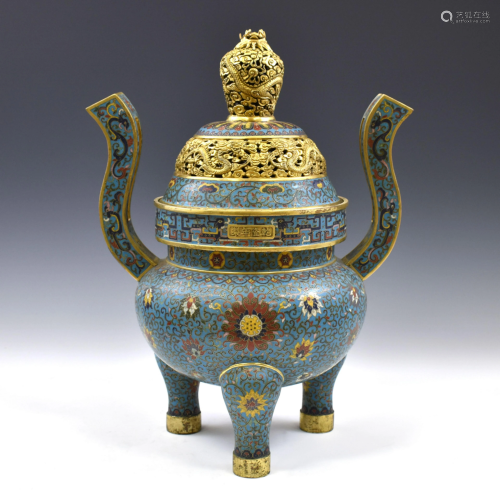 QING GILT BRONZE CLOISONNE COVERED TRIPO…