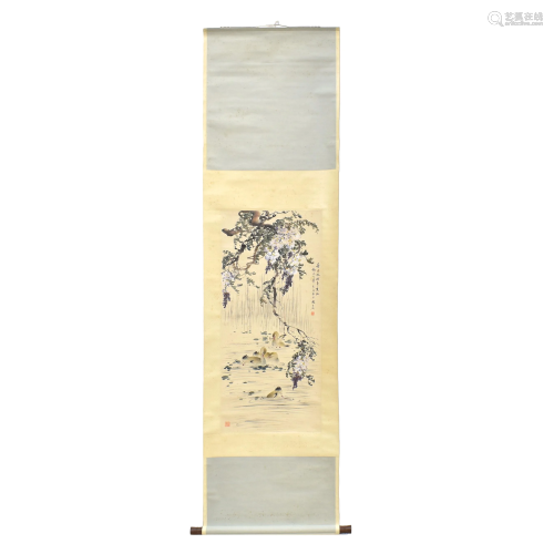 CHINESE PAINTING SCROLL OF DUCK & WISTERIA