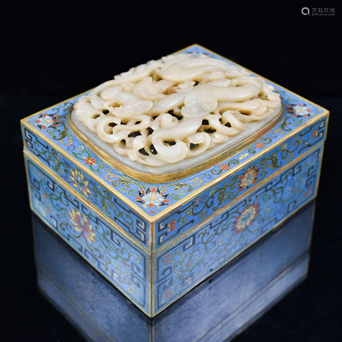 JADE INLAID GILT BRONZE CLOISONNE BOX