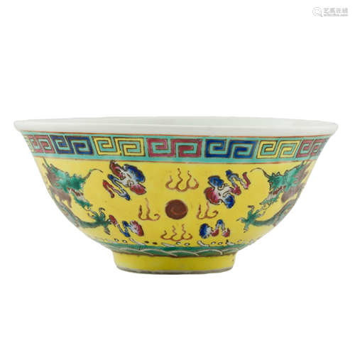 CHINESE GREEN DRAGON ON YELLOW BOWL