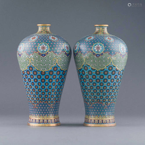 PAIR GILT BRONZE CLOISSONNE MEIPING VASES