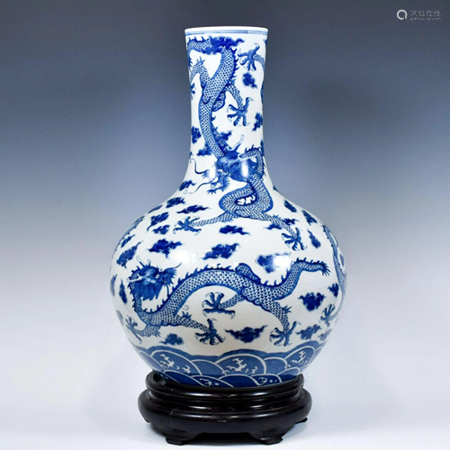 BLUE & WHITE DRAGON CELESTIAL VASE ON STAND