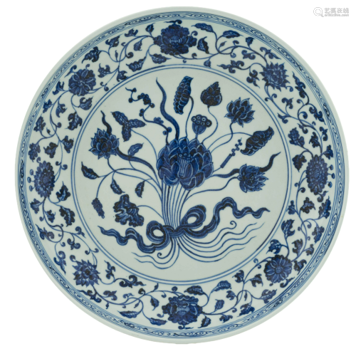 MAGNIFICENT MING BLUE AND WHITE LOTUS PLATE