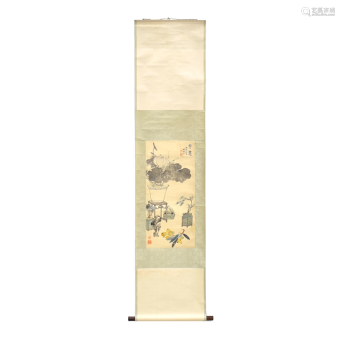 CHINESE PAINTING SCROLL OF LOTUS BLOOMS