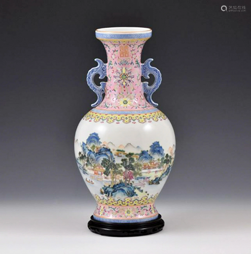 FAMILLE ROSE OPEN FACE BALUSTER VASE ON STA…