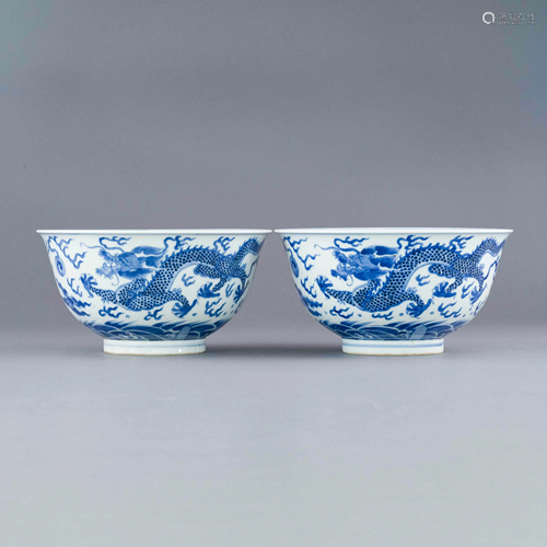 PAIR KANGXI BLUE & WHITE DRAGON BOWLS