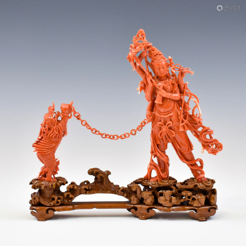 RED CORAL CARVING ON STAND