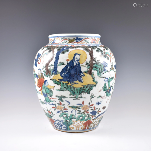 MING JIAJING WUCAI FIGURINES & LANDSCAPE JAR