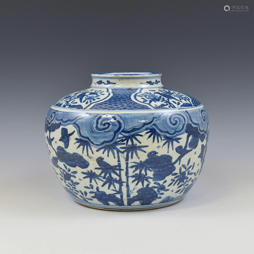 MING BLUE & WHITE BIRDS AND LANDSCAPE JAR