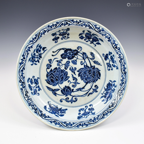 XUANDE BLUE AND WHITE PEONY MOTIF PLATE