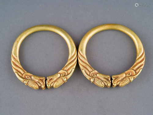 PAIR QING GILT BRONZE DRAGON MOTIF BA…