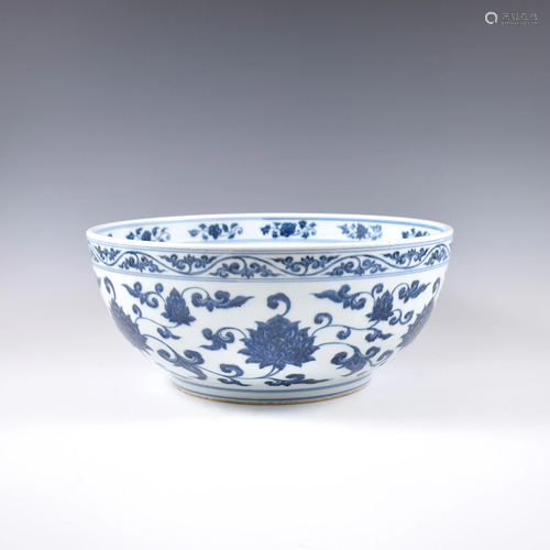 MING BLUE & WHITE SCROLLING FLORAL BOWL