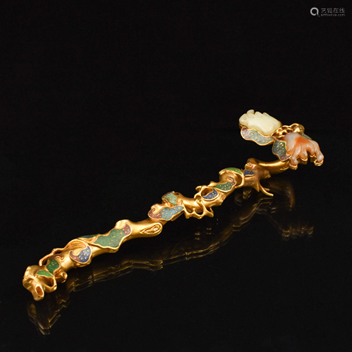 GILT BRONZE JADE & AGATE CHAMPLEVE RUYI SCE…