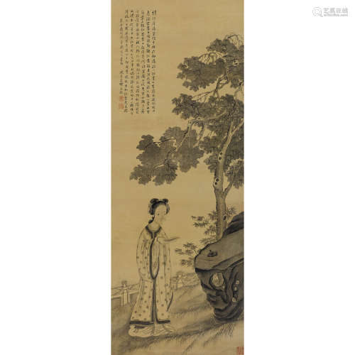 姜曛（款）（1764-1821） 1781年作 桐荫仕女 水墨绢本立轴