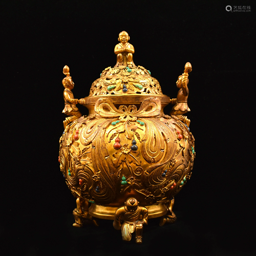 GILT BRONZE & STONES INLAID LIDDED TRIP…