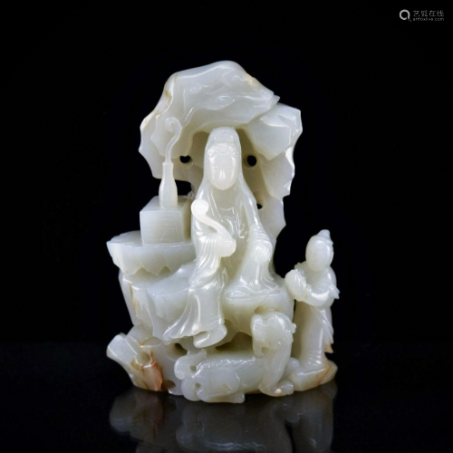 VERY FINE CARVED WHITE JADE OF GUANYIN FI…