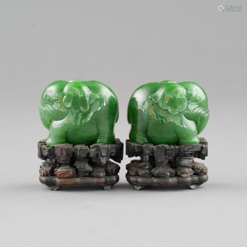 PAIR GREEN JADE ELEPHANT EFIGIES ON STANDS