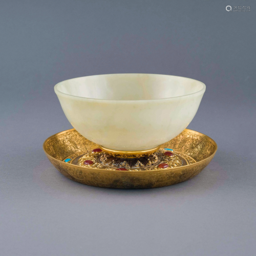 WHITE JADE BOWL & GILT BRONZE INLAID SAUCER