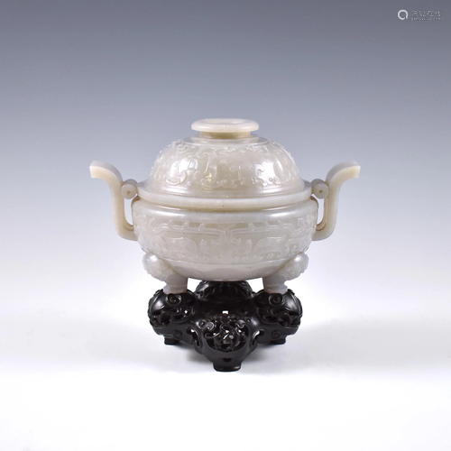 ARCHED HANDLES JADE LIDDED CENSER ON STAND