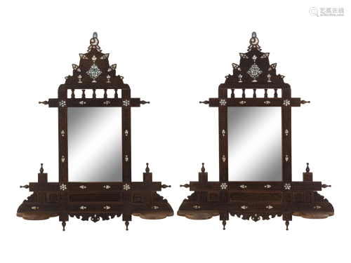 A Pair of Syrian Mother-of-Pearl Inlaid Walnut Mirrored