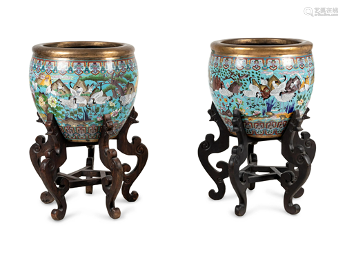 A Pair of Chinese Cloisonne Urns on Wood Stands