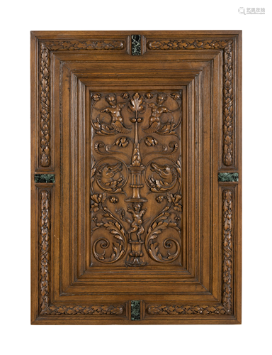 A Renaissance Revival Marble-Inset Carved Oak Panel