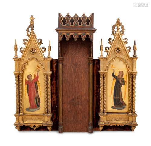 A Continental Carved Oak Altar Panel with Paintings