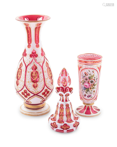 Three Bohemian White Overlay Ruby Glass Articles