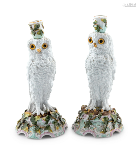 A Pair of Continental Owl-Form Porcelain Candlesticks