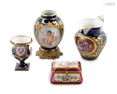 Three Sevres Style Painted and Parcel Gilt Porcel…