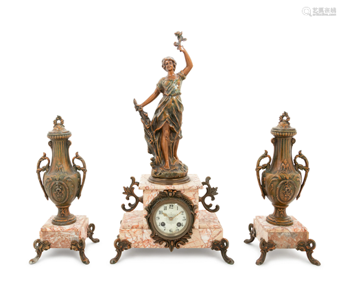 A French Cast Metal and Marble Clock Garniture