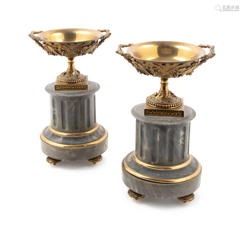 A Pair of Neoclassical Gilt Bronze and Marble Tazze