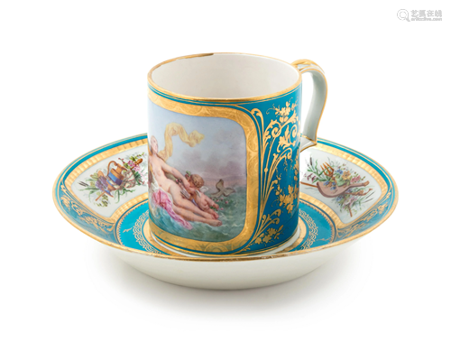 A Sevres Painted, Parcel Gilt and Celeste Blue-Ground