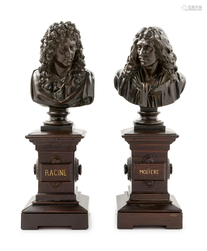 A Pair of French Bronze Busts of Racine and Moliere