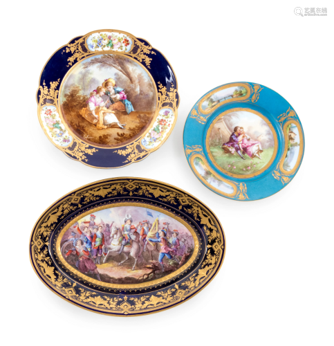 Three Sevres Style Painted and Parcel Gilt Porcel…