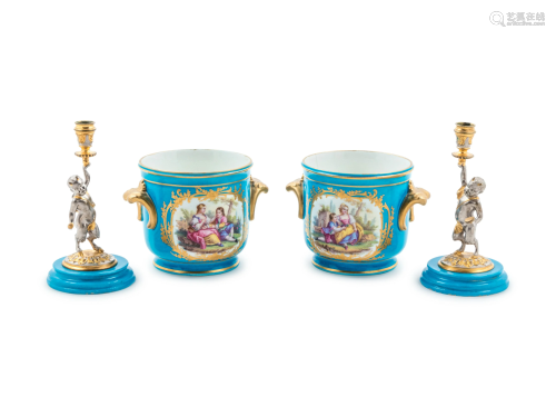 Two Pairs of Sevres Style Celeste Blue-Ground Porcelain
