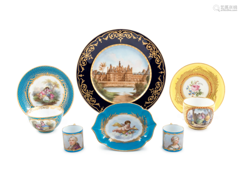 Eight Sevres Style Painted and Parcel Gilt Porcel…