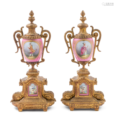 A Pair of Sevres Style Gilt Metal Mounted Painted