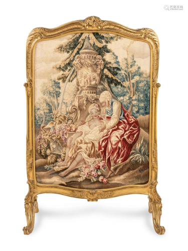 A Louis XV Style Giltwood and Silk Tapestry-Inset Fire