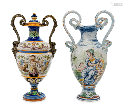 Two Italian Faience Handled Urns