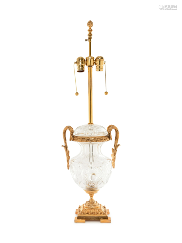 A Gilt Metal and Cut Glass Urn Mounted as a Lamp