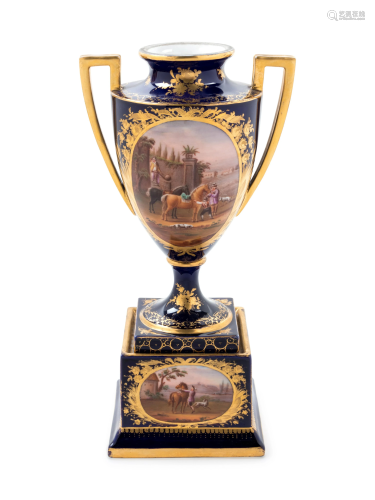 A Sevres Style Painted and Parcel Gilt Porcelain Urn on