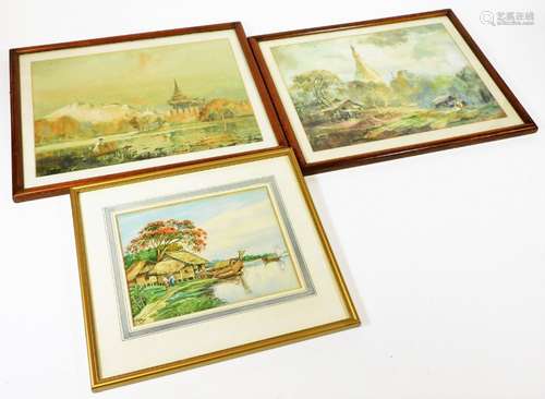 Early 20thC Oriental School. three various landscapes with buildings, watercolour, the largest