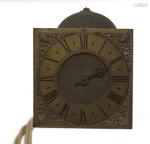 A late 17thC hook and spike clock movement, with later adaptations, 20cm square brass dial with cast