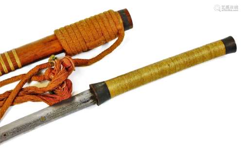 A rudimentary Indian curved sword, with woven handle and chased blade, 82cm.