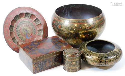 A group of Indian enamelled brass ware, comprising jardiniere, heavy gauge censer bowl, cigarette