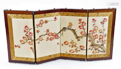 A table screen with fabric and painted panels, 32cm high.