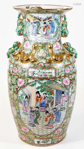 A large Chinese Canton famille rose baluster vase, decorated with panels of court figures,